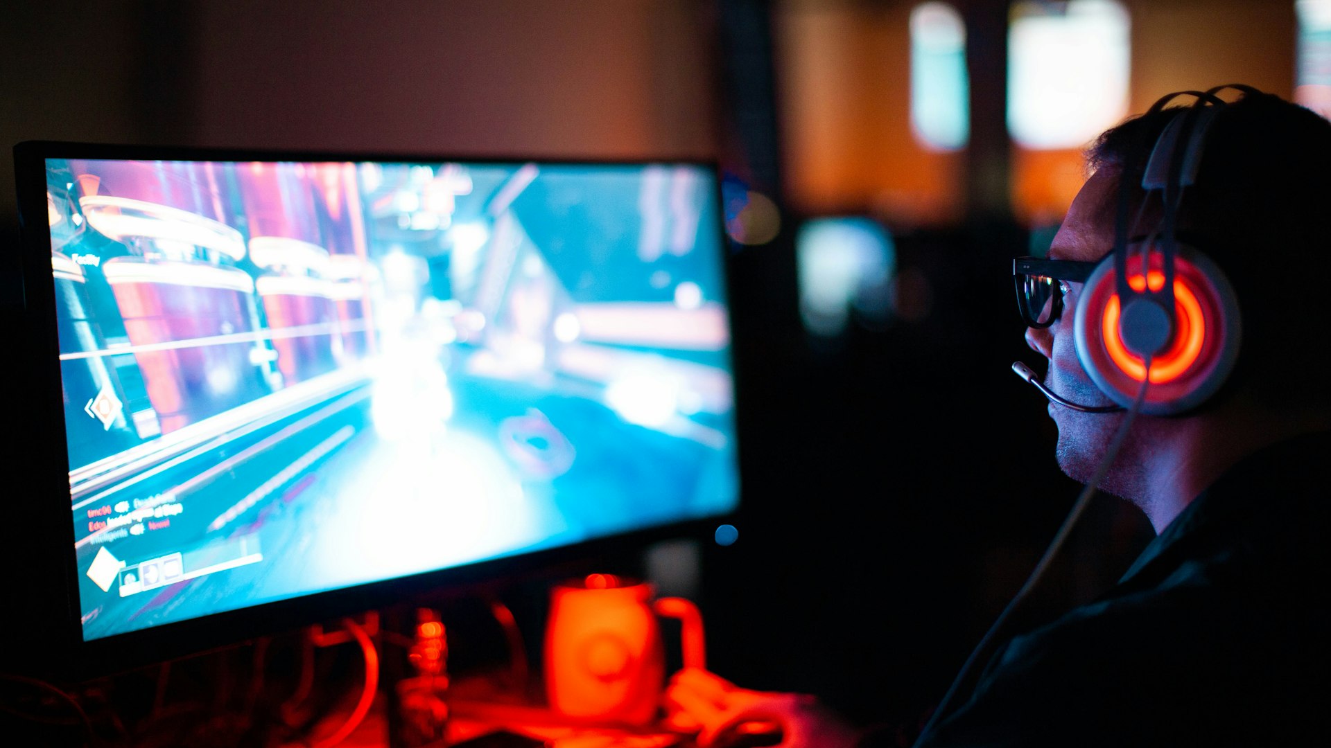 Competitive gaming setup at night